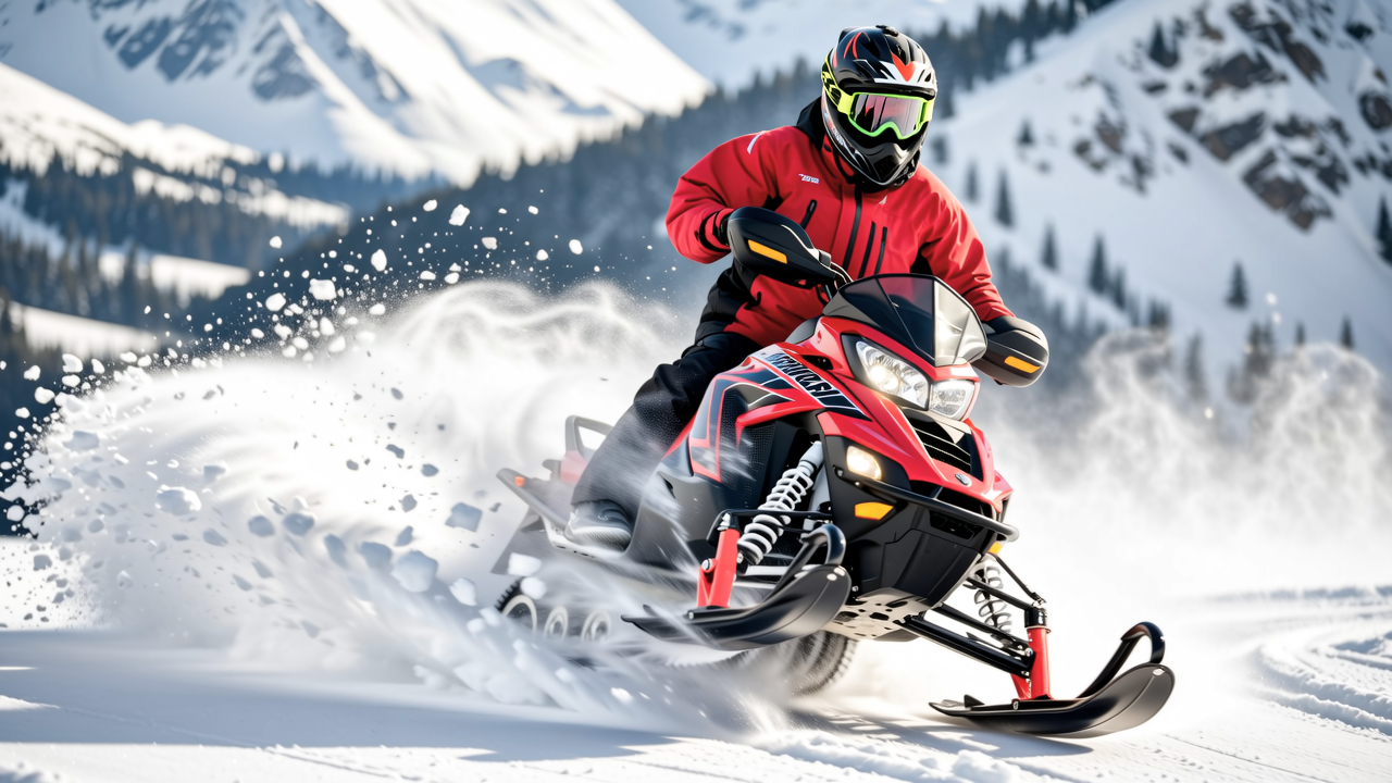 Carving through fresh powder with the mountains rising behind.