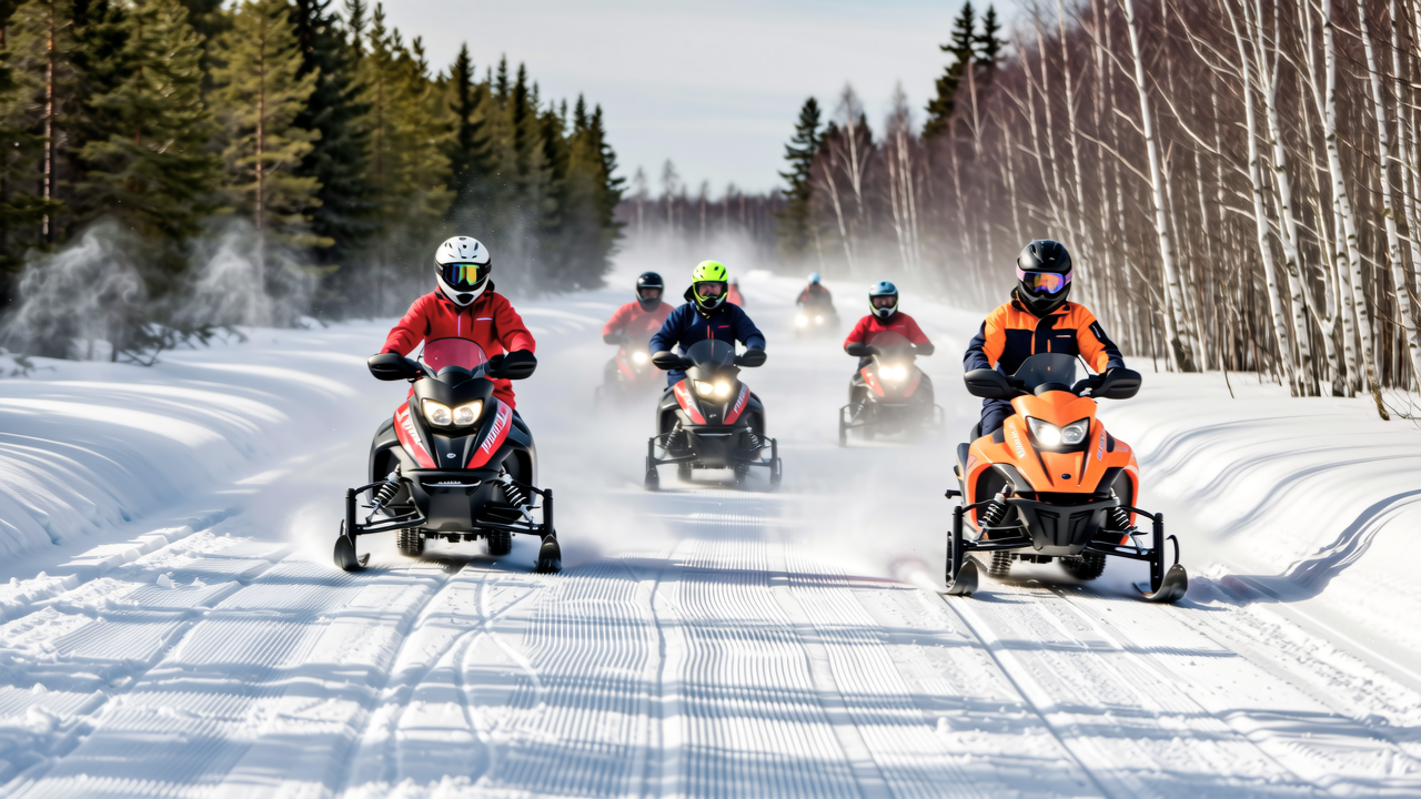 Group ride heading out along the wide groomed trail.