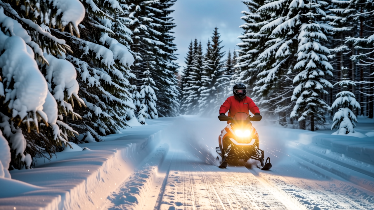 Headlights cutting through the snowy forest at dusk.