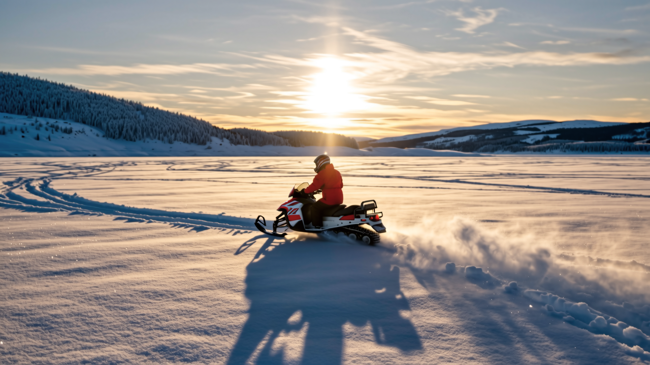 Riding out across the open snowfield as the sun sets.