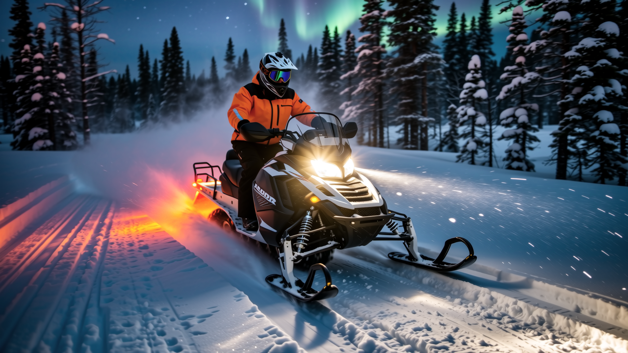 A night ride out on the trail under the aurora borealis.