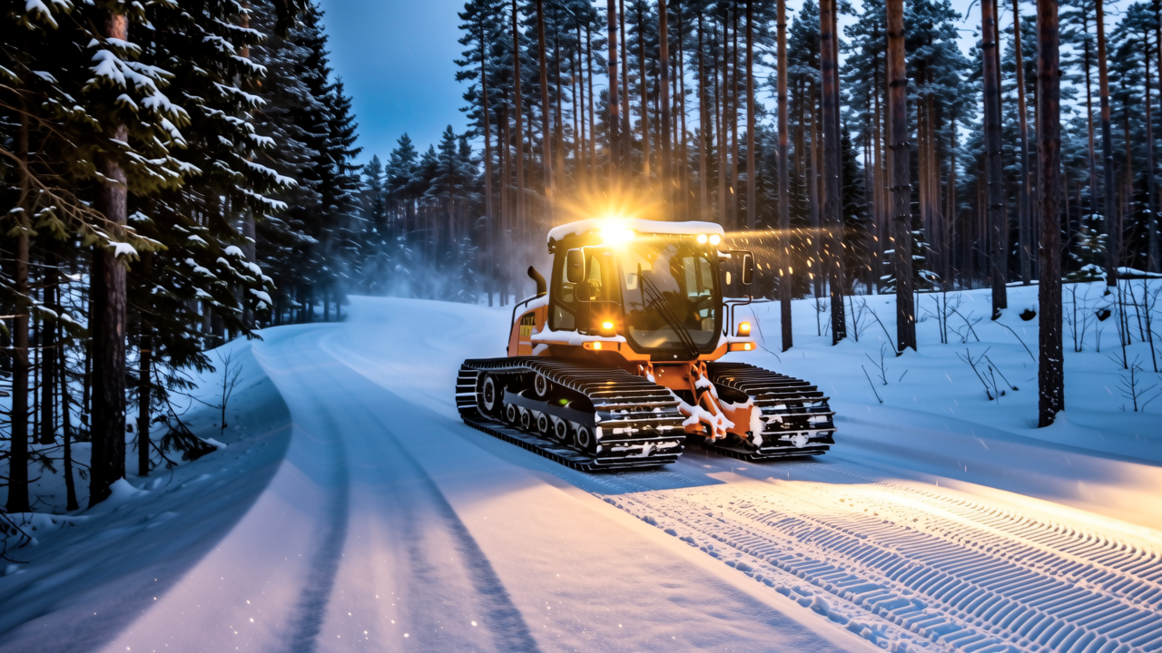 The groomer laying fresh corduroy through the forest at dusk.