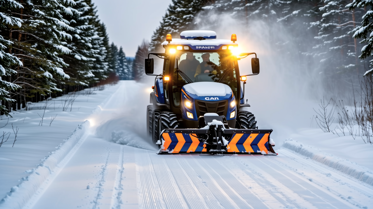 Trail crew clearing the route with the plow at dusk.