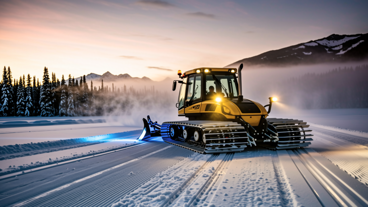 The groomer at work against a mountain sunset backdrop.