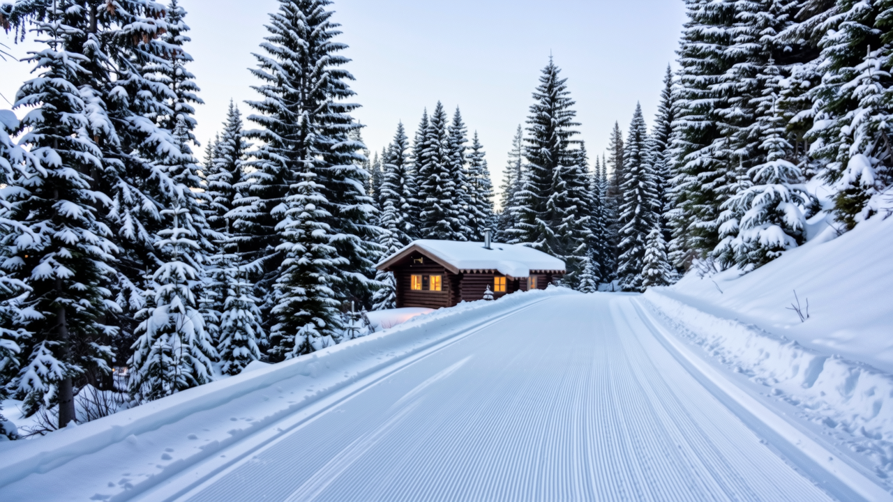 The warming cabin glowing along a freshly groomed trail.