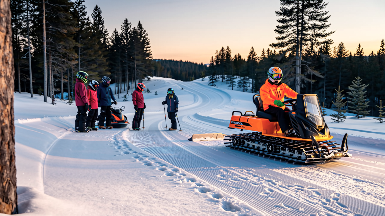 Riders pausing trailside as the groomer passes at dusk.