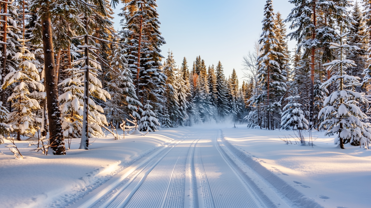 Cutting fresh tracks through the snow-laden pines on a bright morning.