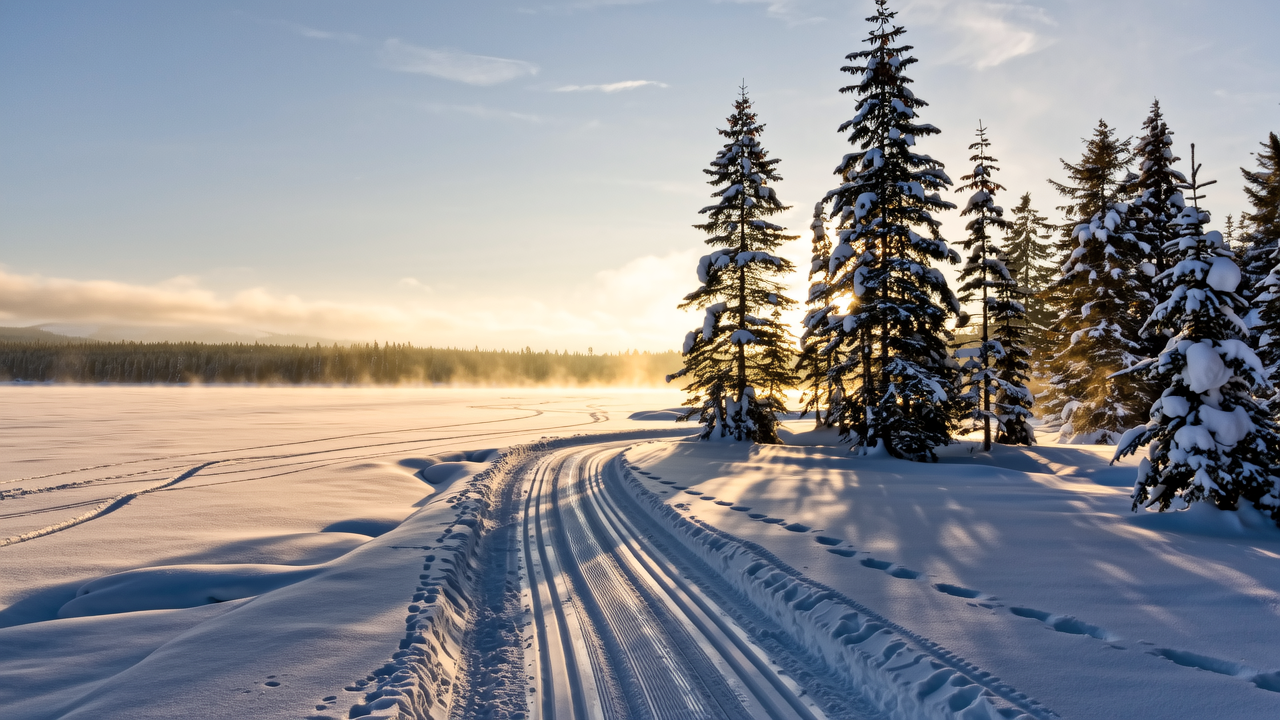 Morning mist rising off the frozen lake shoreline at sunrise.