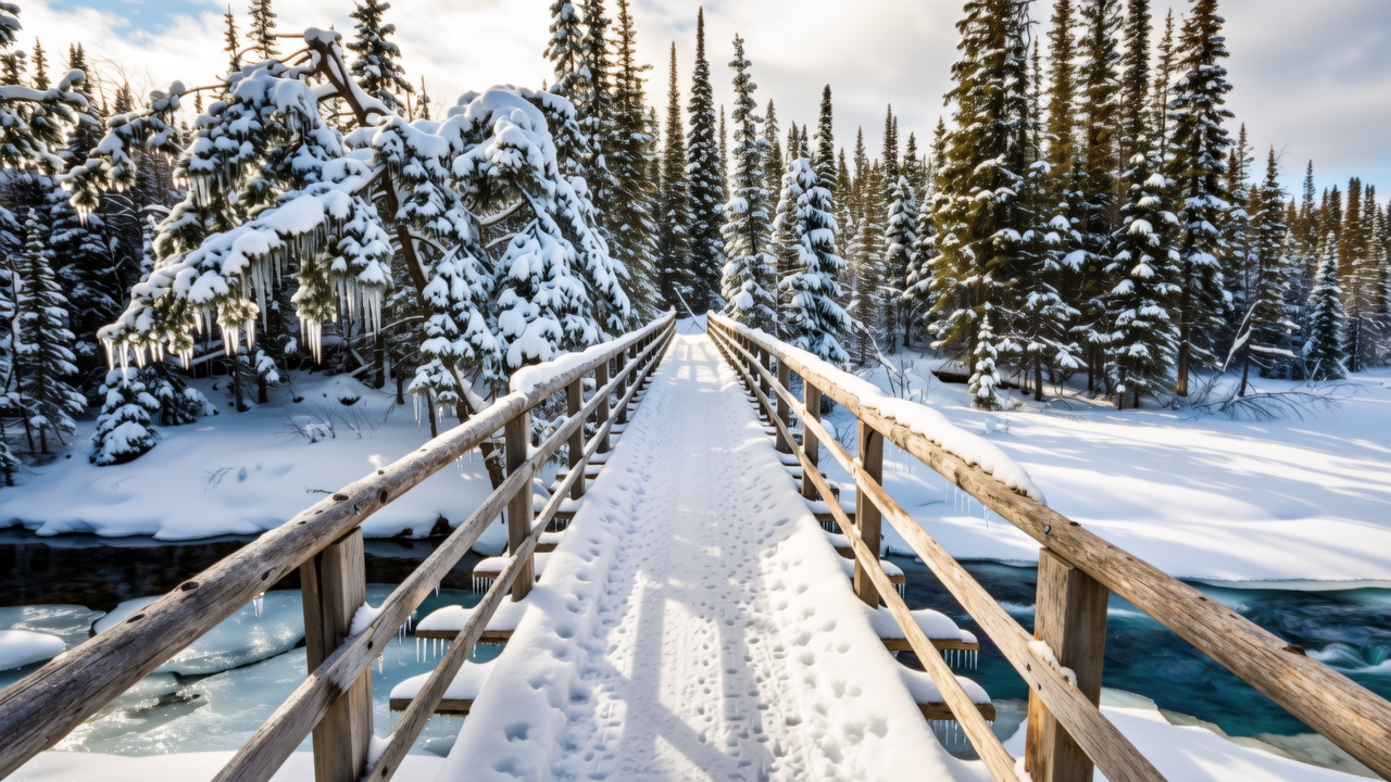 Crossing the wooden trail bridge over the frozen creek.