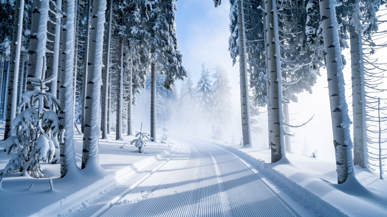 Weaving through the frosted birches on a crisp, clear day.