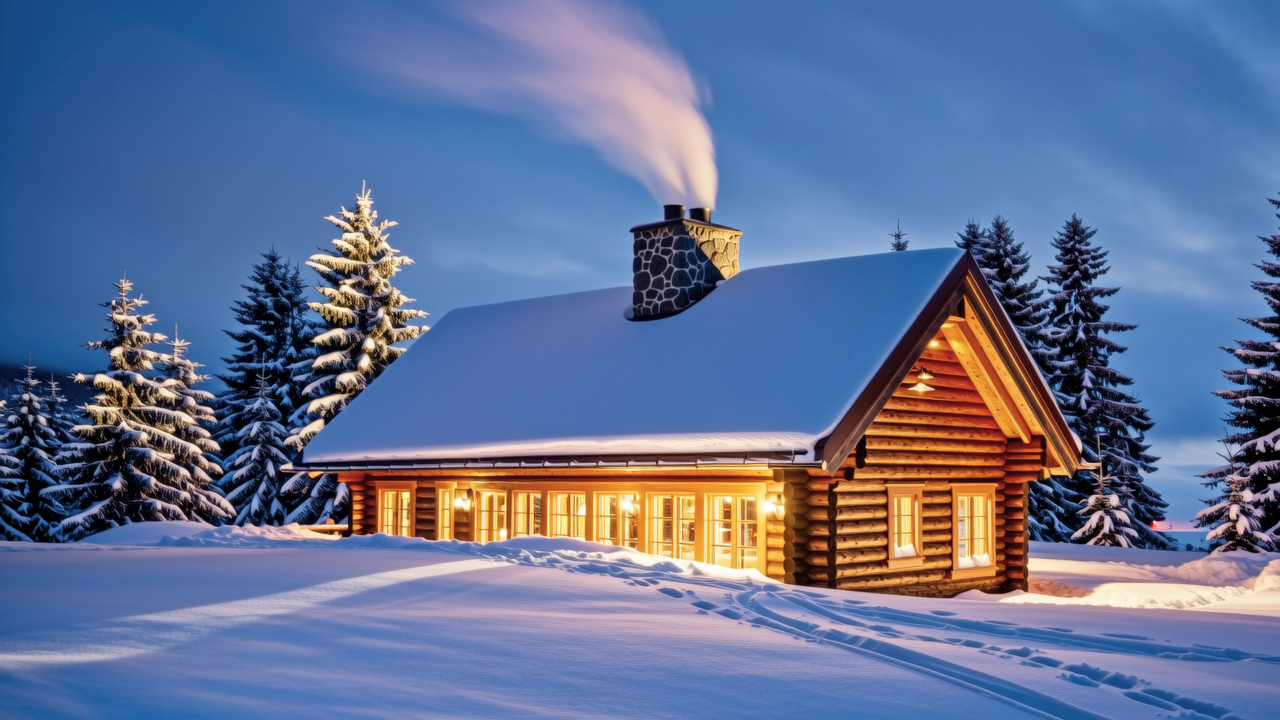 The clubhouse glowing warm against the snow as dusk settles in.