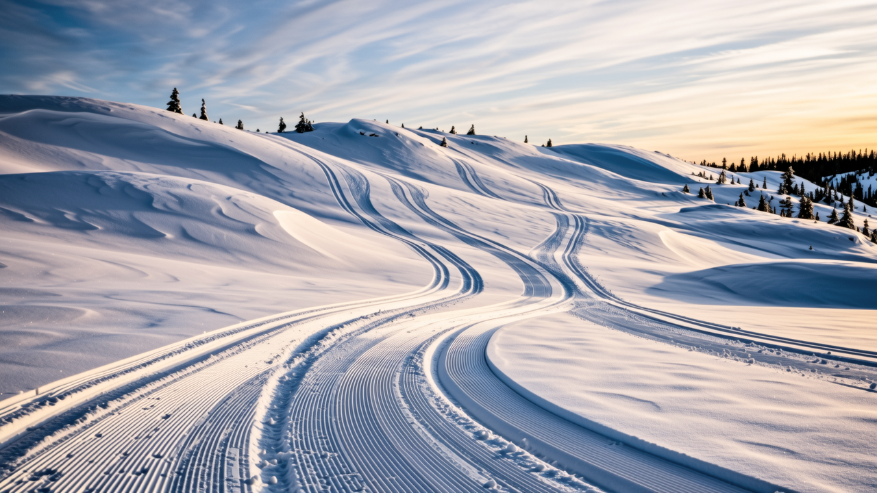 Freshly groomed corduroy sweeping along the ridge at sunset.