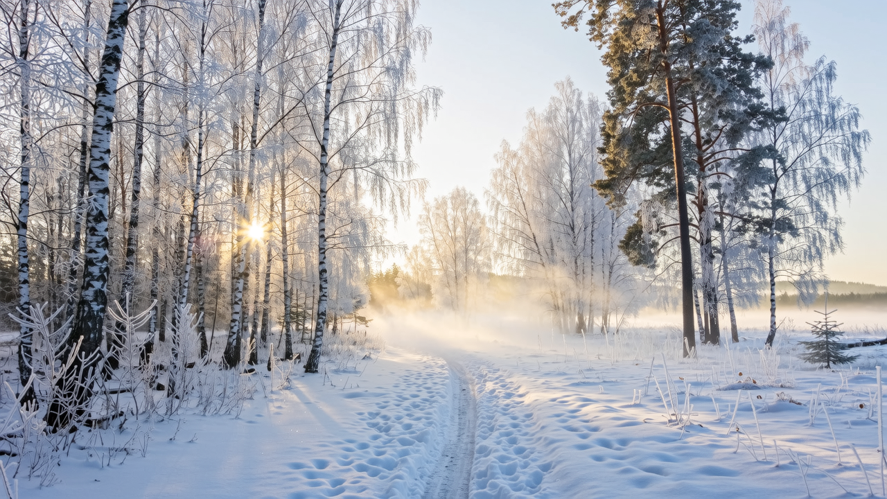 Sunrise flare through the frosty birch trail on the north loop.